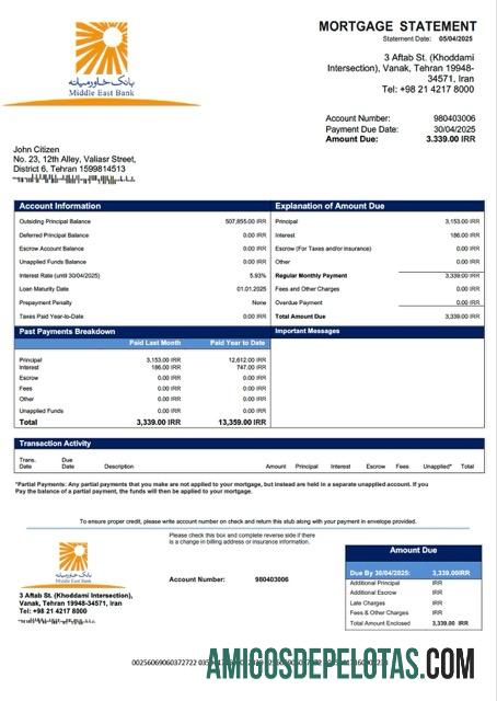 imprimível Modelo Word e PDF de declaração de hipoteca do Banco do Oriente Médio do Irã